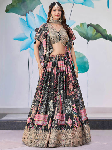 Glamorous Black Chinon Digital Printed Party Wear Lehenga Choli